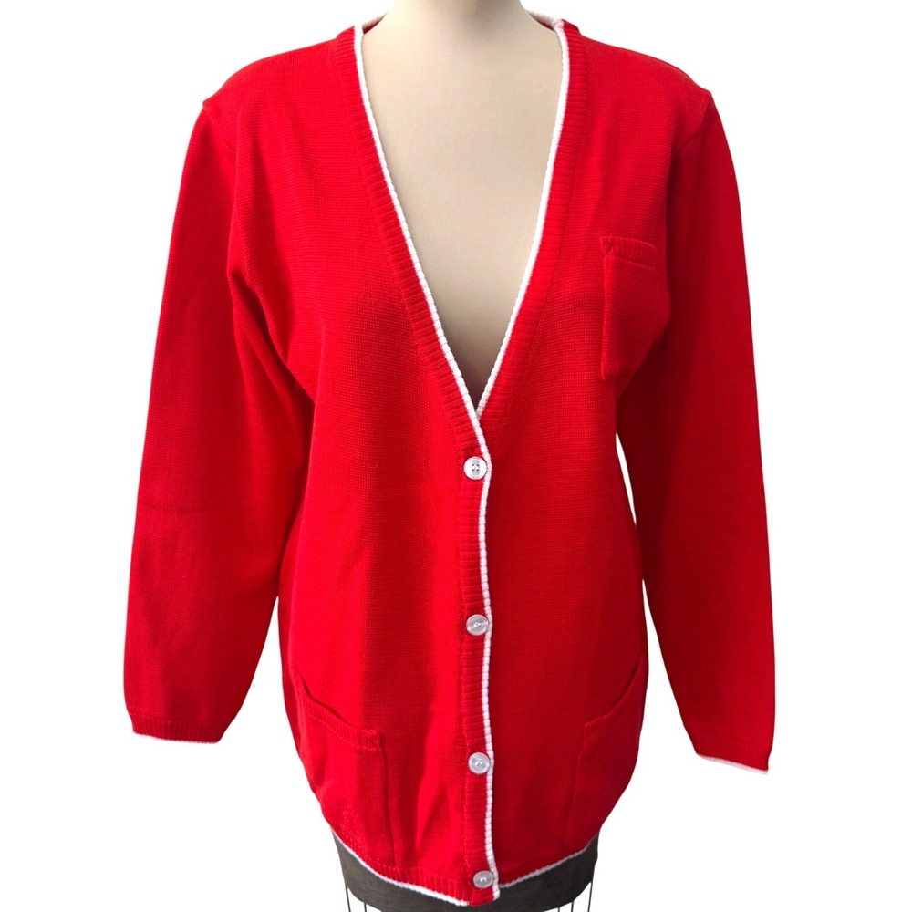 Vintage Cherry Red Cardigan Sweater Women L Button Front Preppy Grandpa Core